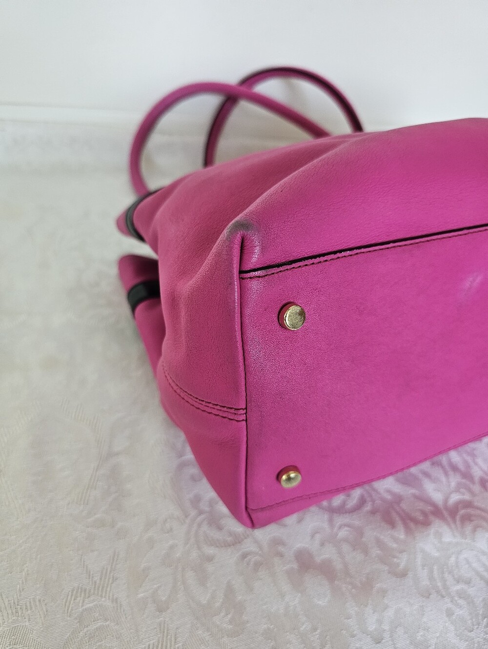 Kate Spade Rosa Mount Pink Leather Tote with Black Trim and Patent Leather Bow - Picture 12 of 16